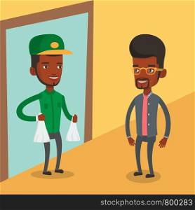African delivery man delivering online shopping order. Man receiving packages with groceries from delivery courier. Man delivering groceries to customer. Vector flat design illustration. Square layout. Delivery courier delivering groceries to customer.