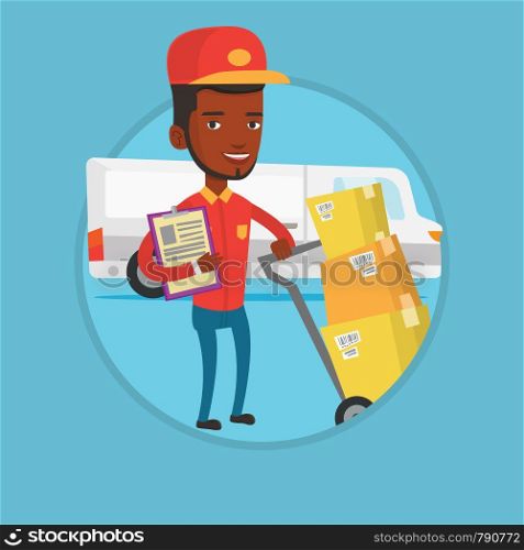 African delivery man with cardboard boxes on troley. Delivery man with clipboard. Delivery man standing in front of delivery van. Vector flat design illustration in the circle isolated on background. Delivery man with cardboard boxes.
