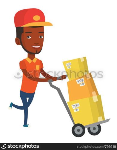 African delivery postman with boxes on trolley. Delivery postman pushing trolley with cardboard boxes. Delivery postman delivering parcels. Vector flat design illustration isolated on white background. Delivery postman with cardboard boxes on trolley.