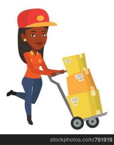 African delivery postman with boxes on trolley. Delivery postman pushing trolley with cardboard boxes. Delivery postman delivering parcels. Vector flat design illustration isolated on white background. Delivery postman with cardboard boxes on trolley.