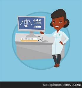 African doctor examining a radiograph. Doctor looking at radiograph on computer screen. Doctor observing a skeleton radiograph. Vector flat design illustration in the circle isolated on background.. Doctor examining radiograph vector illustration.