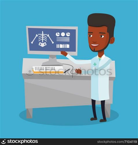 African doctor in medical gown examining a radiograph. Doctor looking at a chest radiograph on computer screen. Doctor observing a skeleton radiograph. Vector flat design illustration. Square layout.. Doctor examining radiograph vector illustration.