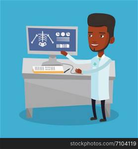 African doctor in medical gown examining a radiograph. Doctor looking at a chest radiograph on computer screen. Doctor observing a skeleton radiograph. Vector flat design illustration. Square layout.. Doctor examining radiograph vector illustration.