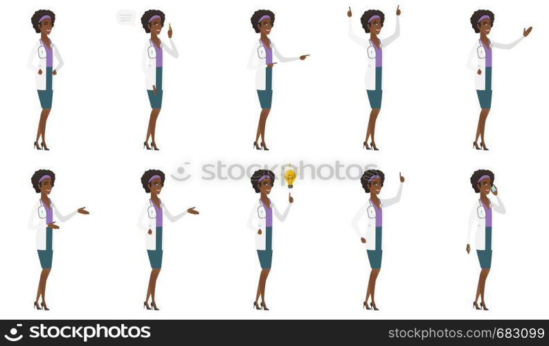 African doctor in medical gown pointing to the side. Doctor pointing her finger to the side. Doctor pointing to the right side. Set of vector flat design illustrations isolated on white background.. Vector set of doctor characters.