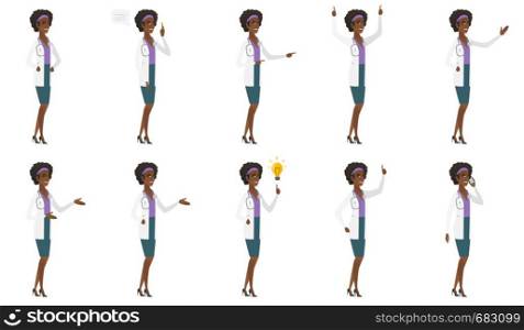 African doctor in medical gown pointing to the side. Doctor pointing her finger to the side. Doctor pointing to the right side. Set of vector flat design illustrations isolated on white background.. Vector set of doctor characters.