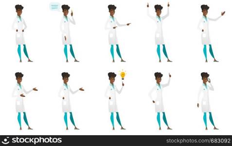 African doctor in medical gown pointing with her finger. Full length of doctor pointing finger up. Doctor with finger pointing up. Set of vector flat design illustrations isolated on white background.. Vector set of doctor characters.