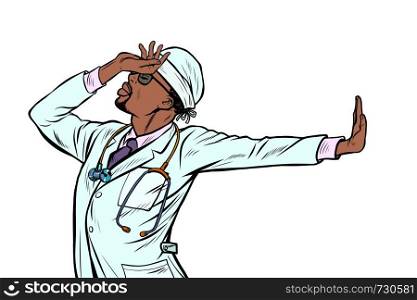 african doctor man medicine. shame, denial gesture, no. Pop art retro vector Illustrator vintage kitsch drawing. african doctor man medicine. shame denial gesture no