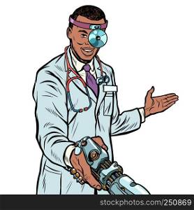 african doctor surgeon handshake. robot prosthesis. Pop art retro vector illustration kitsch vintage. african doctor surgeon handshake. robot prosthesis