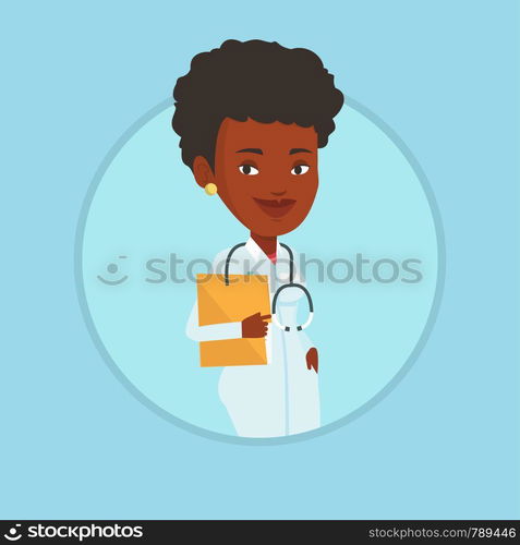 African doctor with stethoscope and folder. Doctor carrying folder of patient. Doctor holding folder with medical information. Vector flat design illustration in the circle isolated on background.. Doctor with file in medical office.