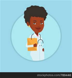 African doctor with stethoscope and folder. Doctor carrying folder of patient. Doctor holding folder with medical information. Vector flat design illustration in the circle isolated on background.. Doctor with file in medical office.