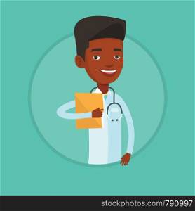 African doctor with stethoscope and folder. Doctor carrying folder of patient. Doctor holding folder with medical information. Vector flat design illustration in the circle isolated on background.. Doctor with file in medical office.