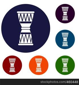 African drum icons set in flat circle reb, blue and green color for web. African drum icons set