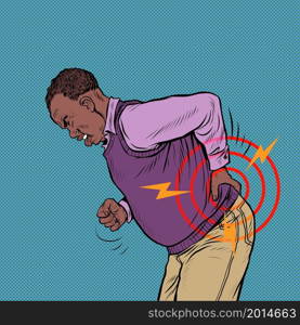 african elderly man back pain, osteochondrosis hernia sprain sciatica and other diseases of the spine and internal organs. Pop art Retro vector Illustration 50s 60s Vintage kitsch style. african elderly man back pain, osteochondrosis hernia sprain sciatica and other diseases of the spine and internal organs