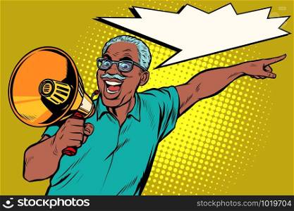 african elderly man with a megaphone. Pop art retro vector illustration drawing vintage kitsch. african elderly man with a megaphone