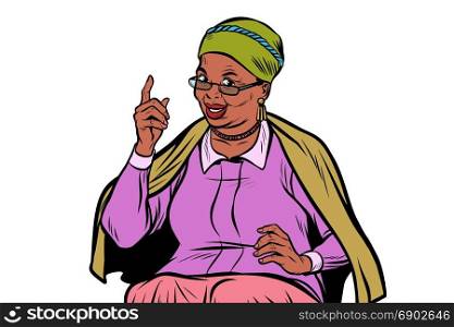 African elderly woman pointing finger up, isolate on white background. Pop art retro vector illustration. African elderly woman pointing finger up, isolate on white backg