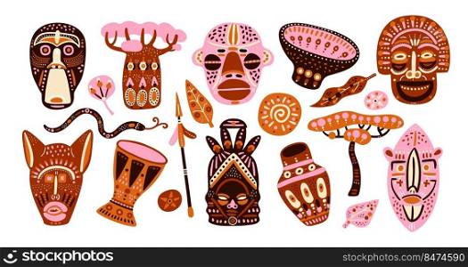 African elements. Ethnic totem faces. Traditional masks and drums. Decorative items. Cultural symbols. Patterned ceramics and tribe weapons. Aborigine vases or baobab tree. Classy vector Indians set. African elements. Ethnic totem faces. Traditional masks and drums. Decorative items. Aborigine vases or baobab tree. Patterned ceramics and tribe weapons. Classy vector Indians set