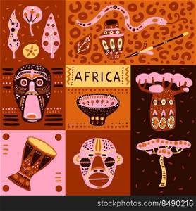 African elements poster. Traditional ethnic design. Decorative indigenous objects. Craft vases and drums. Tribal motif. Idol doodle symbols. Exotic traveling. Baobab trees. Classy vector cards set. African elements poster. Traditional ethnic design. Decorative indigenous objects. Vases and drums. Tribal motif. Idol symbols. Exotic traveling. Baobab trees. Classy vector cards set