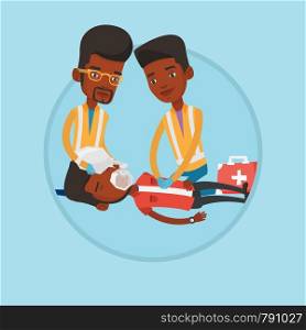 African emergency doctors doing cardiopulmonary resuscitation of a man. Emergency doctors during process of resuscitation of man. Vector flat design illustration in the circle isolated on background.. Emergency doctors carrying man on stretcher.