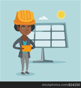 African engineer in hard hat working on a digital tablet at solar power plant. Worker of solar power plant checking solar panel setup with digital tablet. Vector cartoon illustration. Square layout.. Worker of solar power plant using digital tablet .