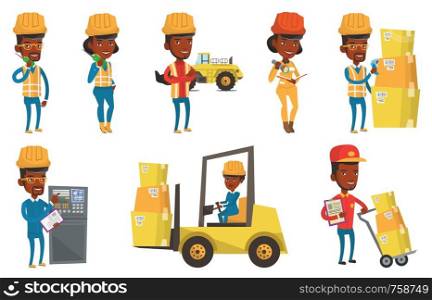 African engineer working on control panel. Engineer pressing button on control panel. Engineer standing in front of control panel. Set of vector flat design illustrations isolated on white background.. Vector set of industrial workers.