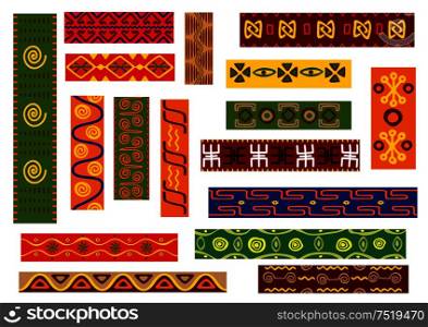 African ethnic ornament set with geometric and floral patterns. Fabric print, tribal embellishment and interior accessory design. African ethnic pattern with tribal geometric motif