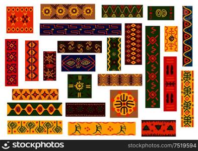 African ethnic ornaments with tribal and national patterns of plants, flowers, human, animal. Bright colorful wallpaper with geometric shapes for fabric, textile, tapestry decoration. African ethnic ornaments and national patterns