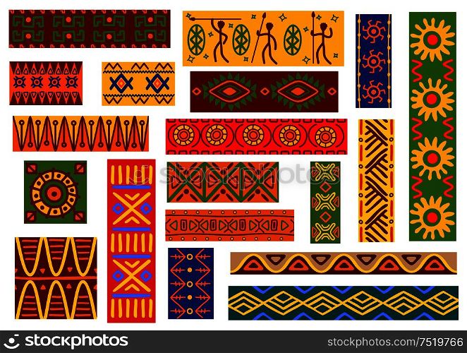 African ethnic ornaments with tribal and national patterns of stylized graphic elements of plants, flowers, human, animals. Bright colorful wallpaper with geometric shapes for fabric, textile, tapestry decoration. African ethnic ornaments and national patterns