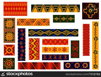 African ethnic ornaments with tribal and national patterns of stylized graphic elements of plants, flowers. Bright color geometric shapes for fabric, textile, tapestry decoration. African ethnic ornaments and patterns