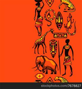 African ethnic seamless pattern. People, animals and masks of Africa.. African ethnic seamless pattern. People, animals and masks.
