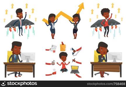 African exhausted employee sitting at workplace in front of computer. Overworked tired employee working with head propped on hand. Set of vector flat design illustrations isolated on white background.. Vector set of business characters.