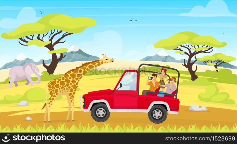 African expedition flat vector illustration. Journey to savannah. Tourist group in car observe giraffes. Woman and man in truck. Elephant in green field. Animals and people cartoon characters