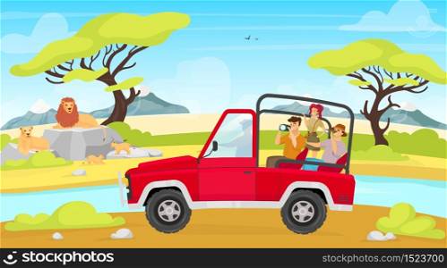 African expedition flat vector illustration. Savannah with river. Tourist group in car photograph lion family. Woman and man photograph creatures. Animals and people cartoon characters