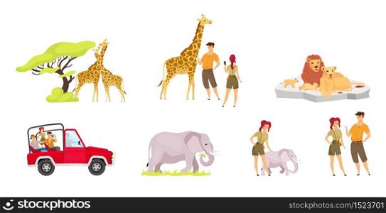 African expedition flat vector illustrations set. Pair of giraffes near tree. Tourist group in car. Woman and man observe elephants. Lion family. People and animal isolated cartoon characters