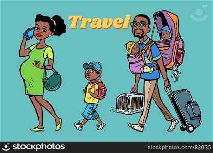 African family travelers, mom dad and kids. A pregnant woman and caring man. Tour with animals and children. Hand drawn illustration cartoon pop art retro vector style. African family travelers, mom dad and kids