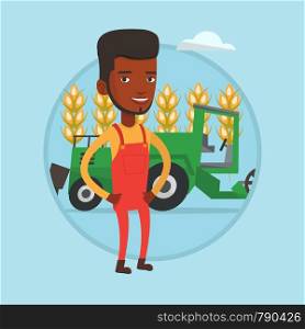African farmer standing on the background of combine harvester working in field. Farmer and combine harvester harvesting wheat. Vector flat design illustration in the circle isolated on background.. Farmer standing with combine on background.