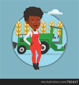 African farmer standing on the background of combine harvester working in field. Farmer and combine harvester harvesting wheat. Vector flat design illustration in the circle isolated on background.. Farmer standing with combine on background.