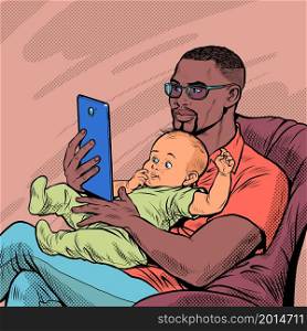 african Father and caucasian child, homework and fatherhood. Love and care. Pop art Retro vector Illustration 50s 60s Vintage kitsch style. african Father and caucasian child, homework and fatherhood. Love and care
