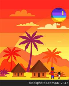 African father with son outside near huts and exotic plants, hot air colorful balloon in sky. Vector graphic illustration of lifestyle in Africa. African Father with Son Outside and Balloon in Sky