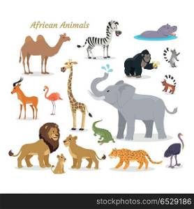African Fauna Species. Cute Animals Flat Vector.. African fauna species. Cute african animals flat vector. Southern predators. Camel, zebra, rhino, gorilla, koala, deer, flamingo, giraffe elephant crocodile tiger lion lion cheetah ostrich