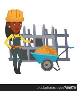 African female builder with thumb up standing near wheelbarrow. Builder in hard hat giving thumb up. Builder at work on construction site. Vector flat design illustration isolated on white background.. Builder giving thumb up vector illustration.