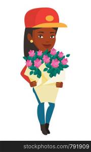 African female delivery courier delivering flowers. Delivery courier with bouquet of flowers. Delivery courier holding bouquet of flowers. Vector flat design illustration isolated on white background.. Delivery courier holding bouquet of flowers.