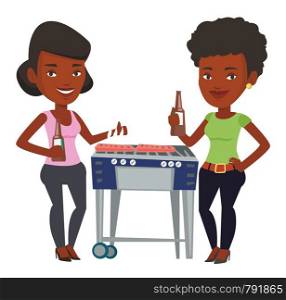 African female friends at barbecue party. Friends preparing barbecue and drinking beer. Group of friends having fun at a barbecue party. Vector flat design illustration isolated on white background.. Young friends having fun at barbecue party.