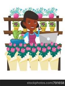 African florist standing behind the counter at flower shop. Florist using phone and laptop to take order. Woman working in flower shop. Vector flat design illustration isolated on white background.. Florist at flower shop vector illustration.