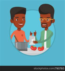 African friends following recipe for vegetable meal on digital tablet. Friends cooking healthy meal. Friends cooking together. Vector flat design illustration in the circle isolated on background.. Friends cooking healthy vegetable meal.