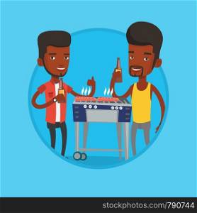 African friends having a barbecue party. Men preparing barbecue and drinking beer. Group of friends having fun at barbecue party. Vector flat design illustration in the circle isolated on background.. African friends having fun at barbecue party.