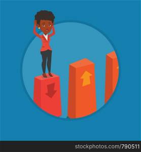 African frightened bankrupt business woman clutching head. Bankrupt standing on chart going down. Concept of business bankruptcy. Vector flat design illustration in the circle isolated on background. Bankrupt on chart going down vector illustration.