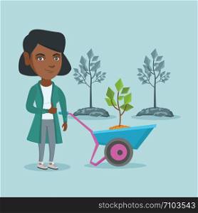 African gardener standing with wheelbarrow on the background of newly planted trees. Young gardener pushing wheelbarrow with tree and giving thumb up. Vector cartoon illustration. Square layout.. African woman pushing wheelbarrow with plant.