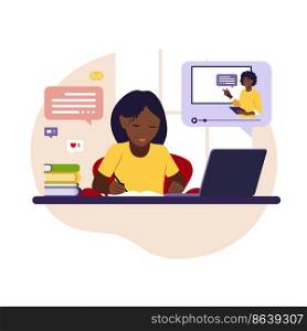 African girl sitting behind his desk studying online using his computer. Illustration with work table, laptop, books. Flat vector.