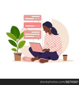 African girl with laptop on the armchair. Working on a computer. Freelance, online education or social media concept. Working from home, remote job. Flat style. Vector illustration. Pink interior.