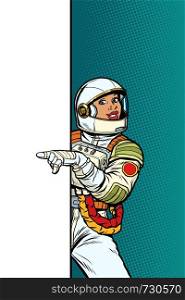 african Girl woman astronaut. Point to copy space poster. Pop art retro vector Illustrator vintage kitsch drawing. african Girl woman astronaut. Point to copy space poster